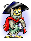 The UKCHT mascot. An owl wearing mortar board and red gown and carrying a green book