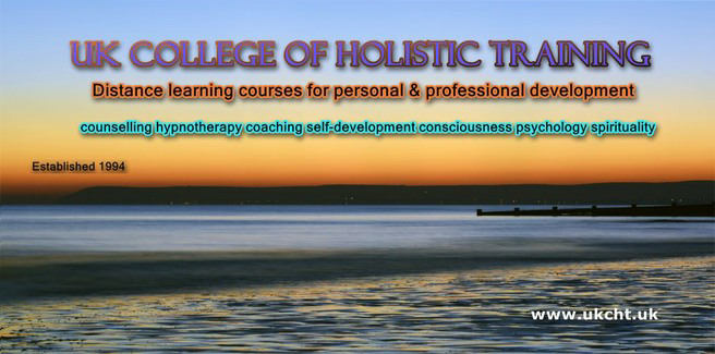 UKCHT banner - distance learning courses for personal & professional development - with background of beach scene with jetty at sunrise